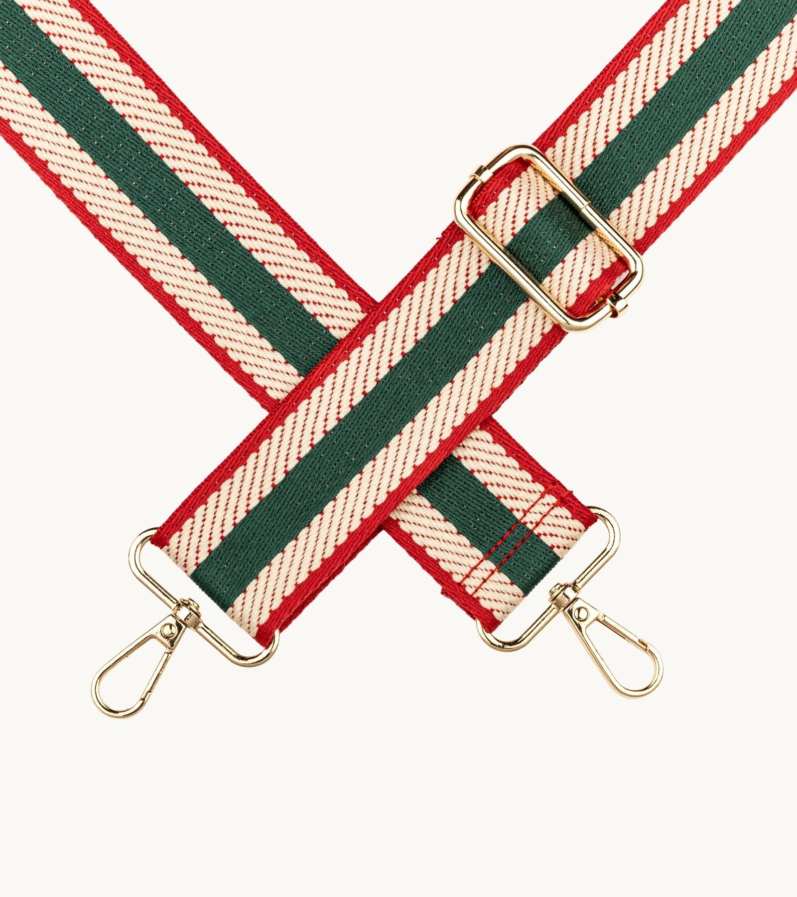 Detail pásikavého crossbody popruhu na mobil Strappy Retro Forest Green v zelenej, krémovej a červenej farebnej kombinácii.