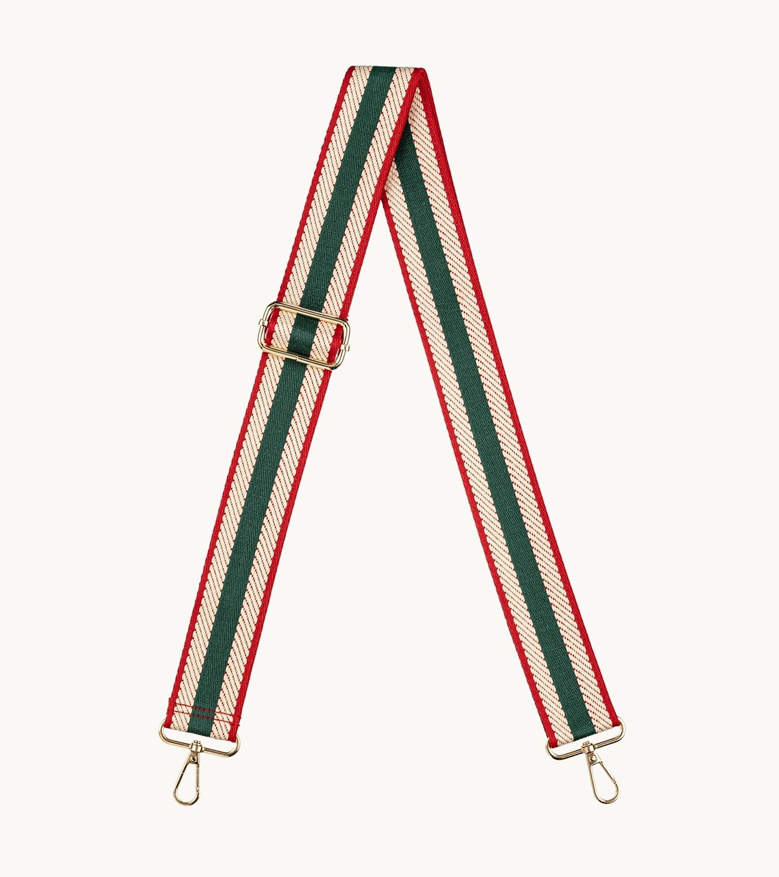 Pásikavý crossbody popruh na mobil Strappy Retro Forest Green v zelenej, krémovej a červenej farebnej kombinácii.