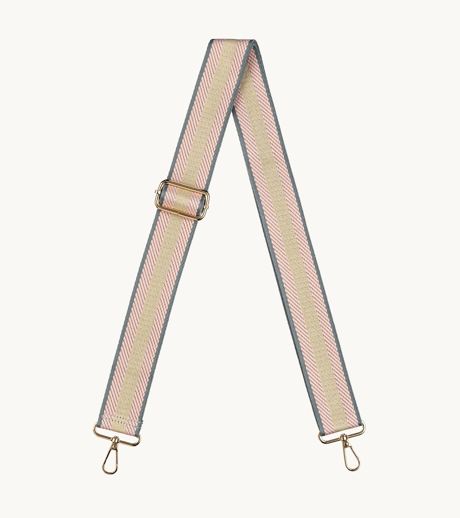 Pásikavý crossbody popruh na mobil Strappy Retro Pastel Pink v ružovej, krémovej a šedej farebnej kombinácii.