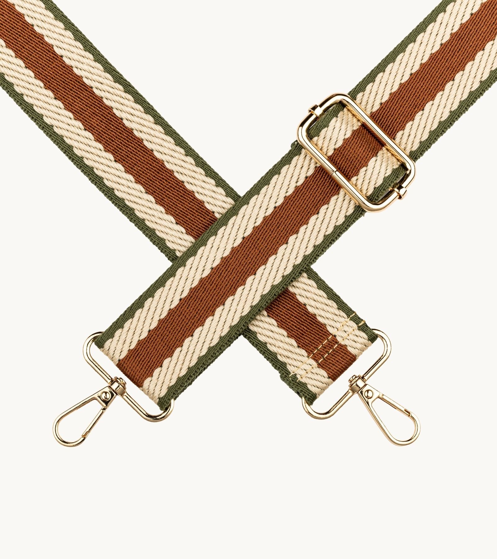 Detail pásikavého crossbody popruhu na mobil Strappy Retro Vintage Brown v hnedej, krémovej a zelenej farebnej kombinácii.