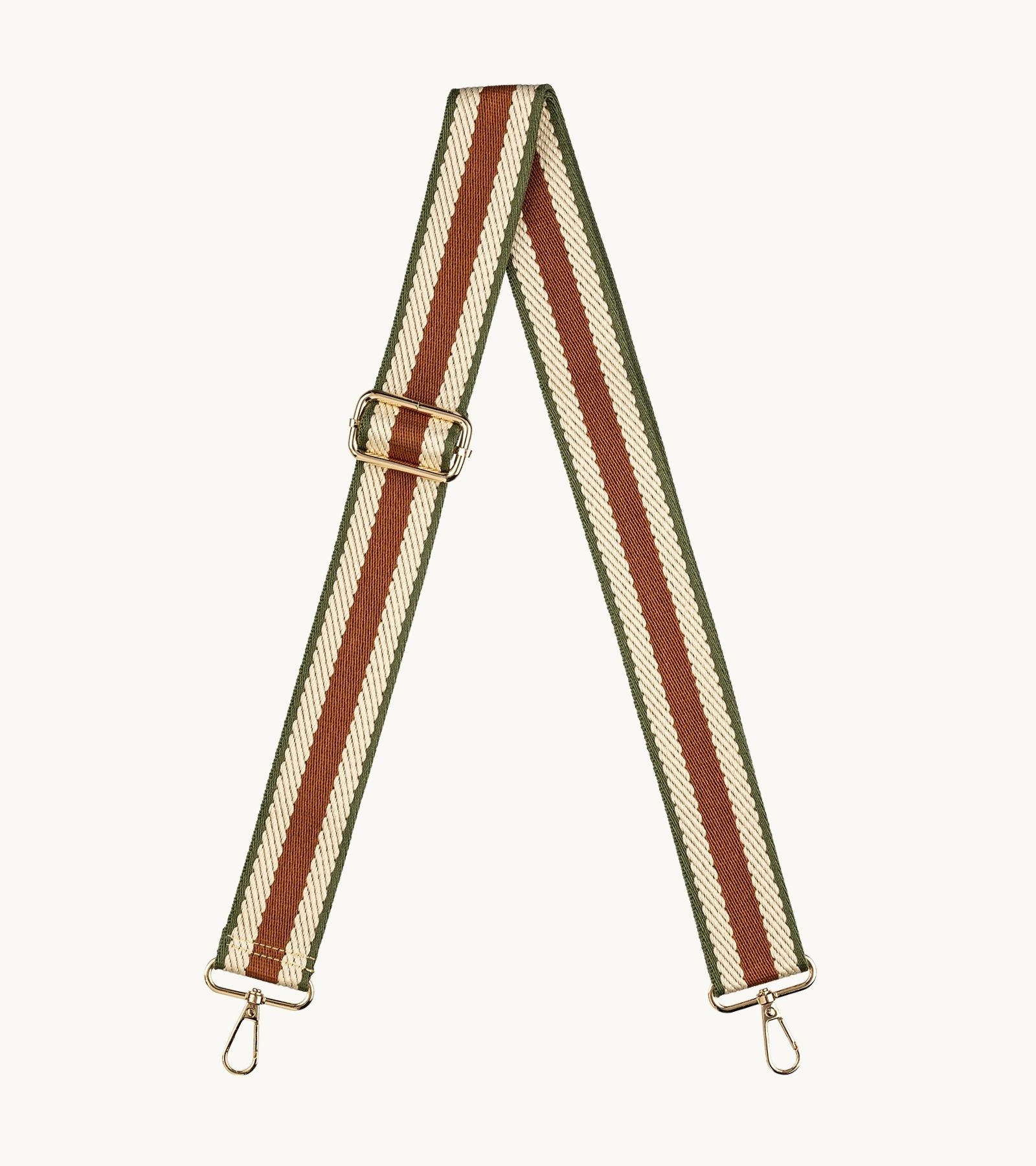 Pásikavý crossbody popruh na mobil Strappy Retro Vintage Brown v hnedej, krémovej a zelenej farebnej kombinácii.